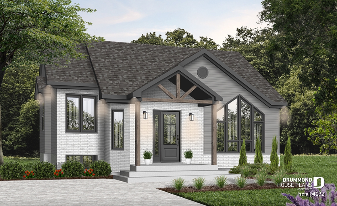 Color version 3 - Front - 2 bedroom Modern house plan with lots of natural light, large sunken living room, low building costs - Isaie