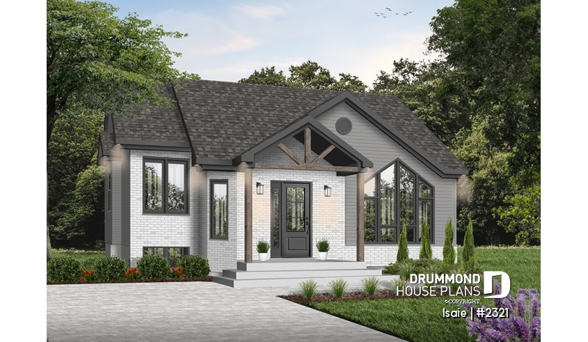 Color version 3 - Front - 2 bedroom Modern house plan with lots of natural light, large sunken living room, low building costs - Isaie