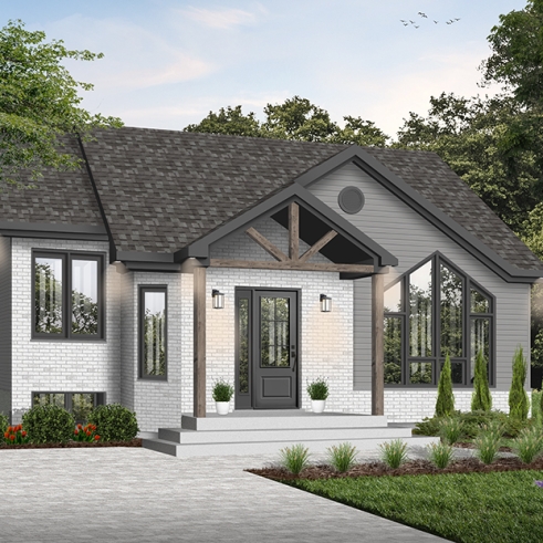 Color version 3 - Front - 2 bedroom Modern house plan with lots of natural light, large sunken living room, low building costs - Isaie