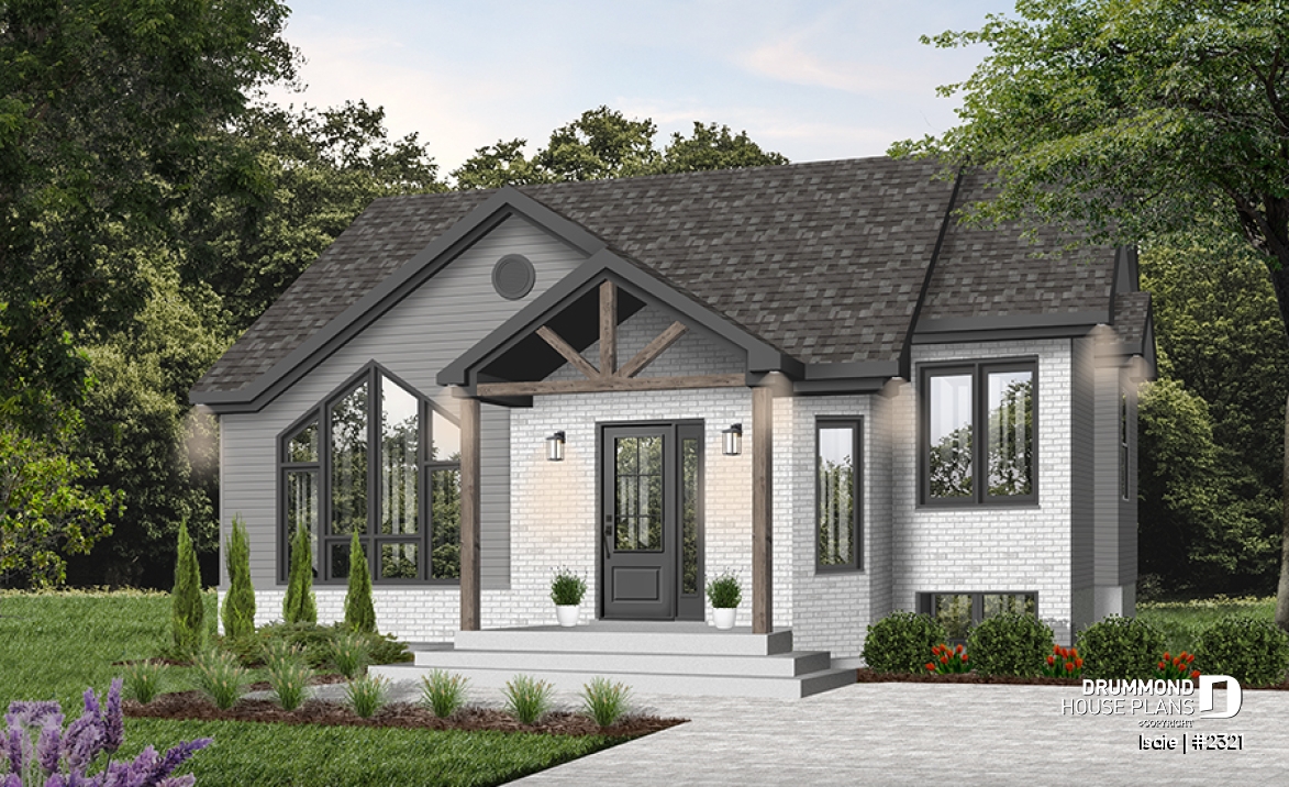 Color version 3 - Front - 2 bedroom Modern house plan with lots of natural light, large sunken living room, low building costs - Isaie