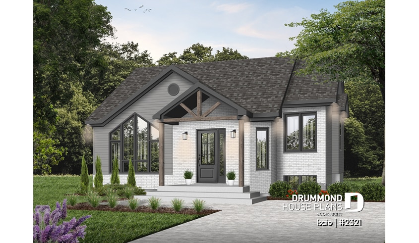 Color version 3 - Front - 2 bedroom Modern house plan with lots of natural light, large sunken living room, low building costs - Isaie