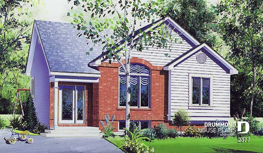 front - BASE MODEL - House plan with split entry, 2 bedrooms, cathedral ceiling - Laplace