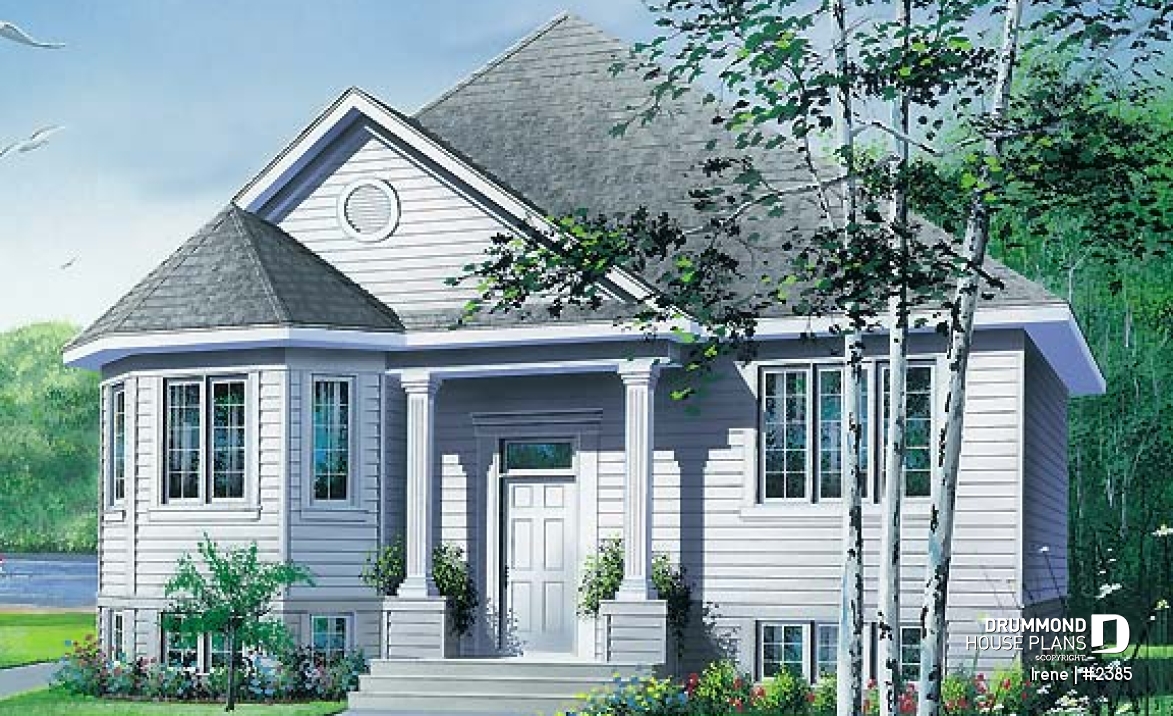 front - BASE MODEL - Small split-entry house plan with bright living room, kitchen with island, 2 bedrooms - Irene