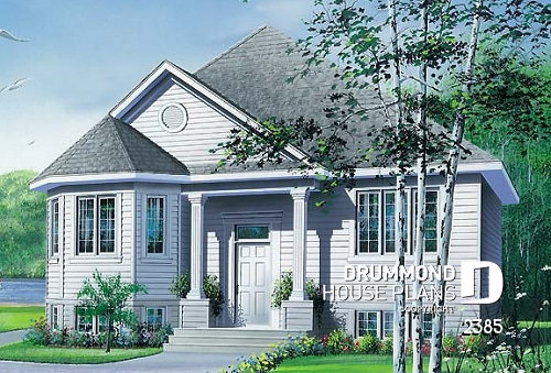 front - BASE MODEL - Small split-entry house plan with bright living room, kitchen with island, 2 bedrooms - Irene