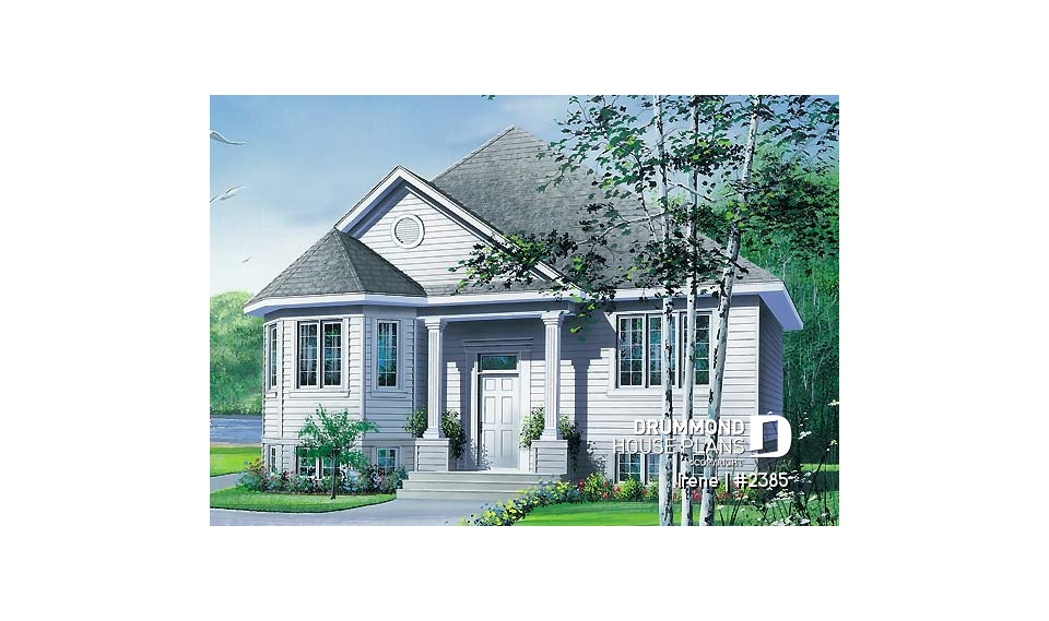 front - BASE MODEL - Small split-entry house plan with bright living room, kitchen with island, 2 bedrooms - Irene