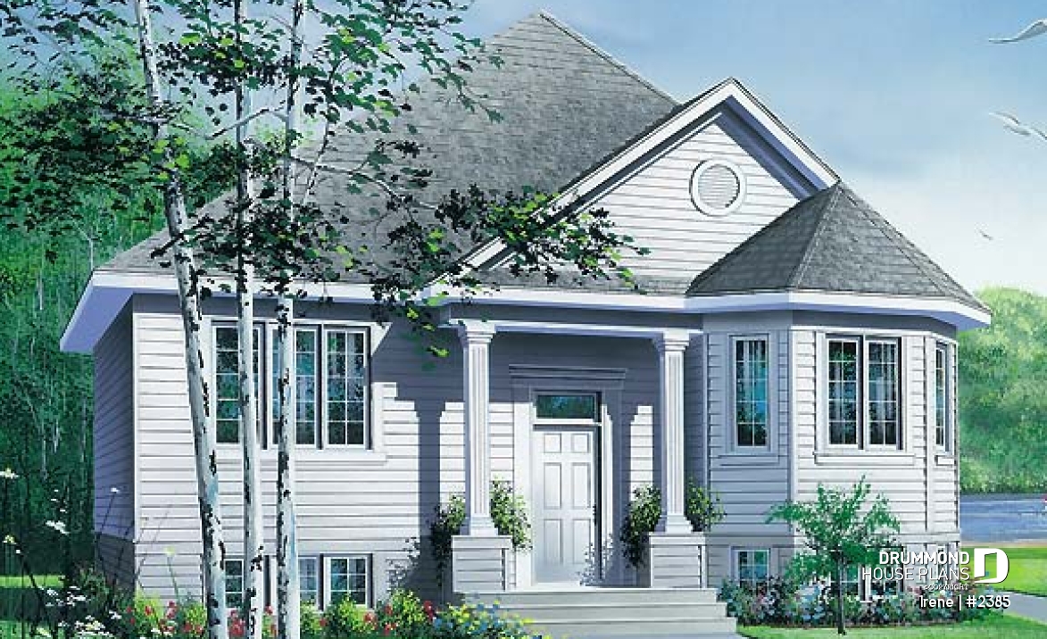 front - BASE MODEL - Small split-entry house plan with bright living room, kitchen with island, 2 bedrooms - Irene
