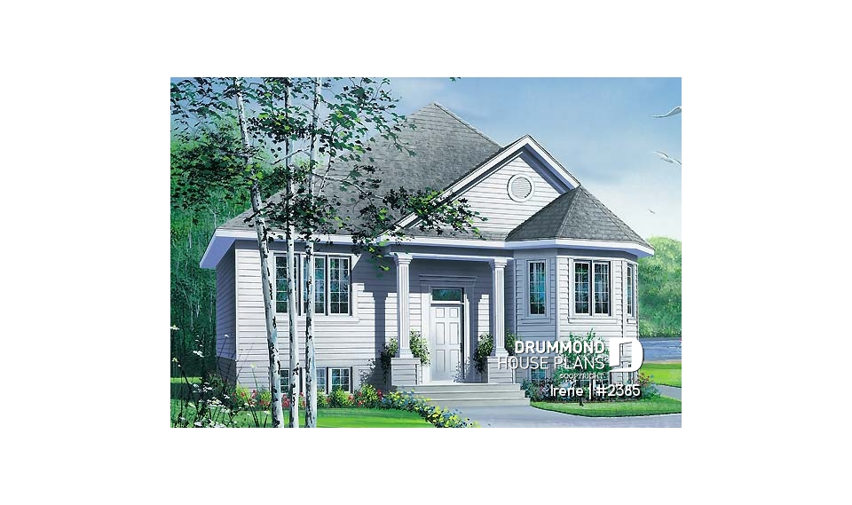 front - BASE MODEL - Small split-entry house plan with bright living room, kitchen with island, 2 bedrooms - Irene