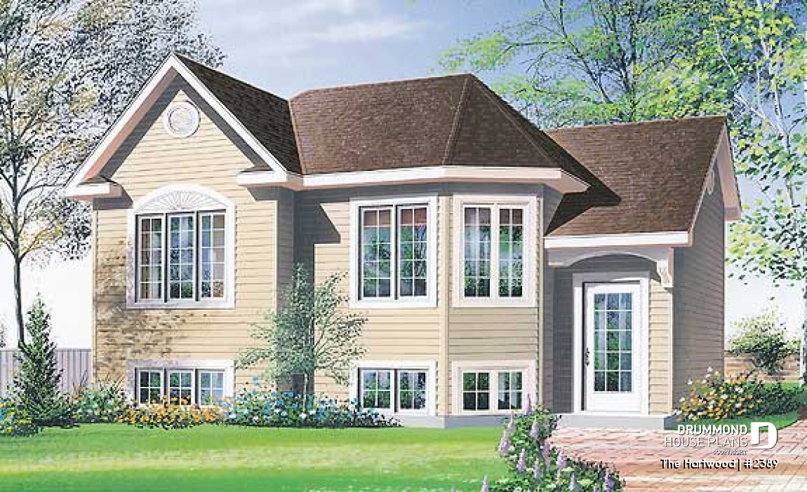front - BASE MODEL - Split-level house plan with 2 bedrooms, open floor plan and low building cost.  Ideal first home - The Hartwood
