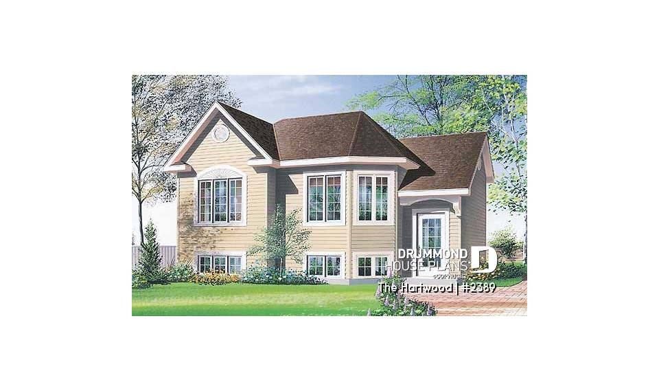 front - BASE MODEL - Split-level house plan with 2 bedrooms, open floor plan and low building cost.  Ideal first home - The Hartwood