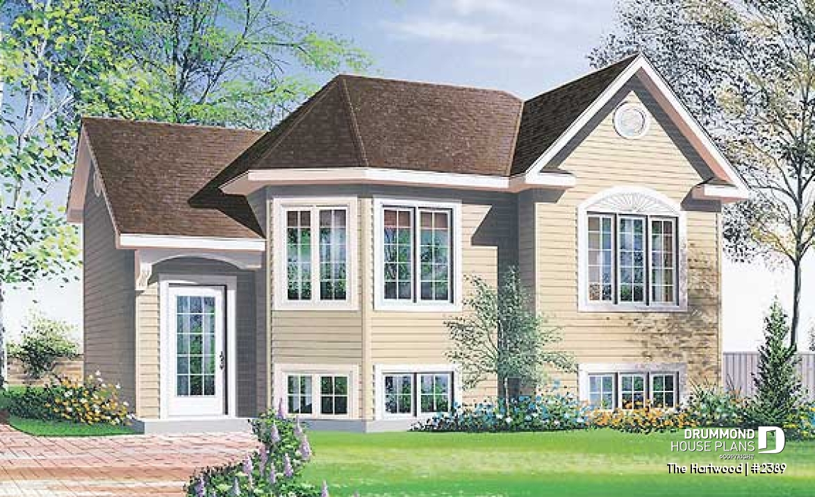 front - BASE MODEL - Split-level house plan with 2 bedrooms, open floor plan and low building cost.  Ideal first home - The Hartwood