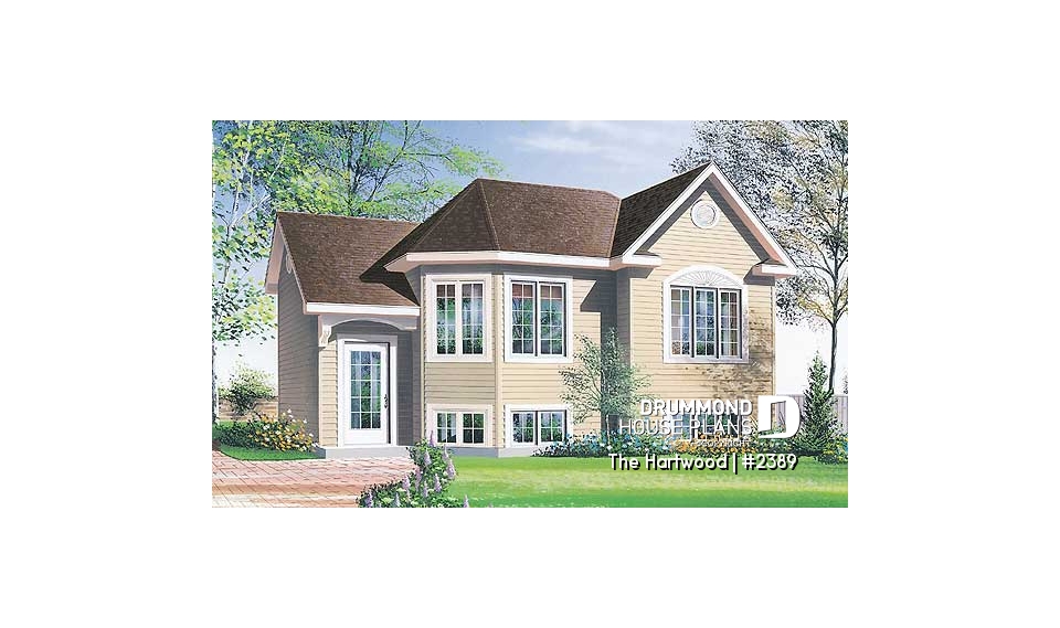 front - BASE MODEL - Split-level house plan with 2 bedrooms, open floor plan and low building cost.  Ideal first home - The Hartwood