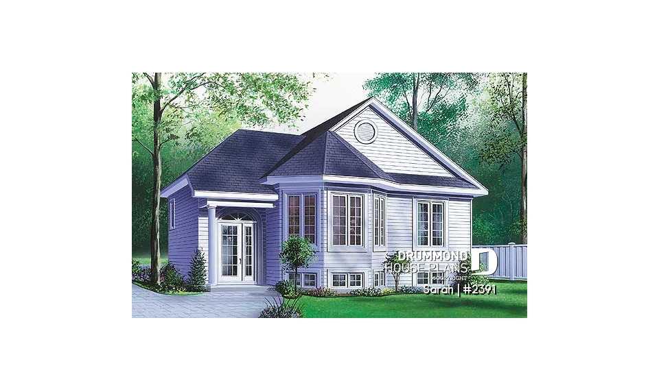 front - BASE MODEL - Split entry one-storey house plan with 2 bedrooms, country style, budget-friendly home - Sarah
