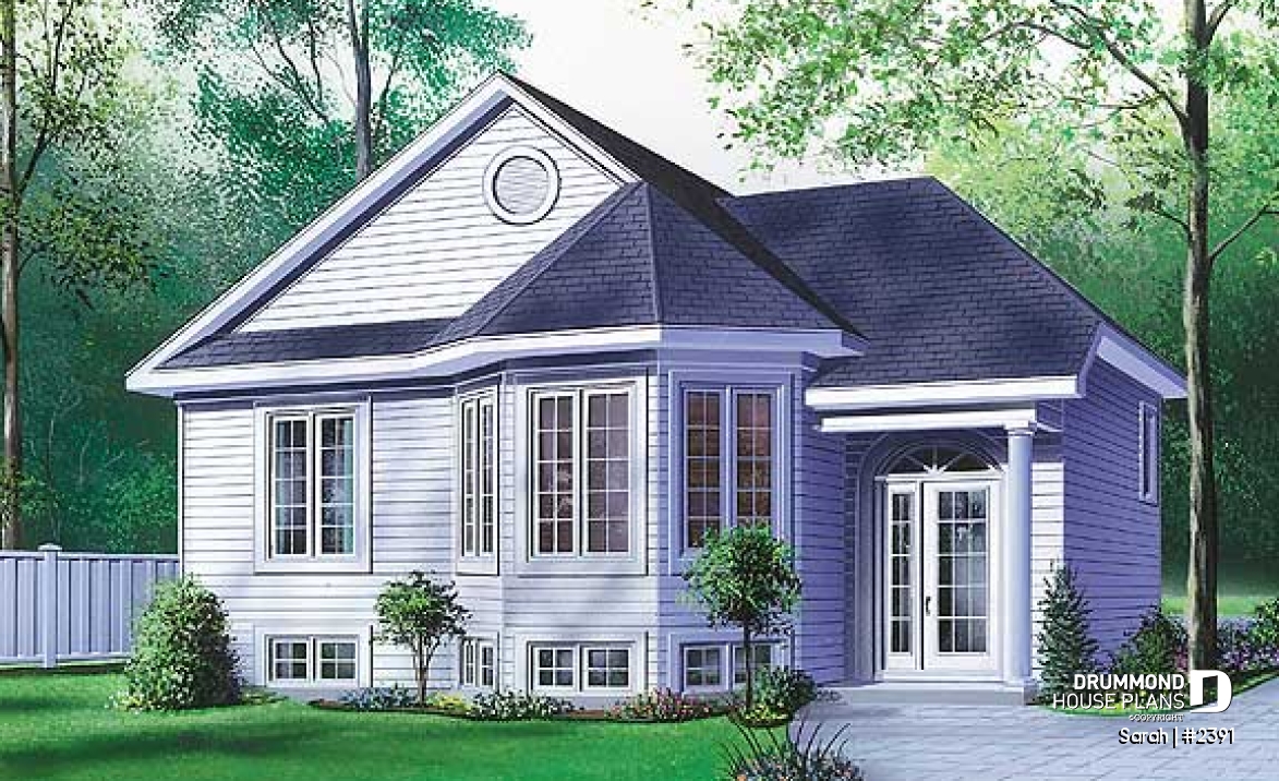 front - BASE MODEL - Split entry one-storey house plan with 2 bedrooms, country style, budget-friendly home - Sarah
