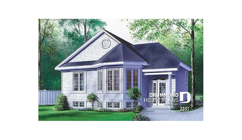 front - BASE MODEL - Split entry one-storey house plan with 2 bedrooms, country style, budget-friendly home - Sarah