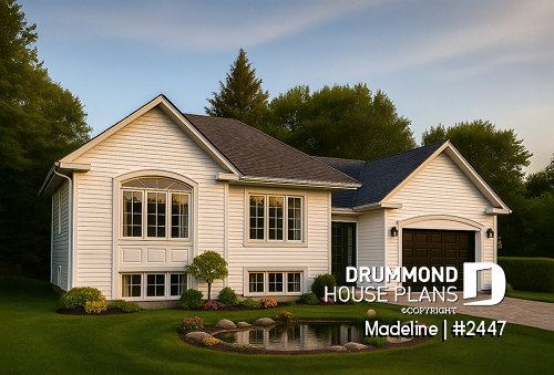 front - BASE MODEL - Split-entry house plan, economical, garage with storage, 2 to 4 bedrooms, optional finished basement ($) - Madeline