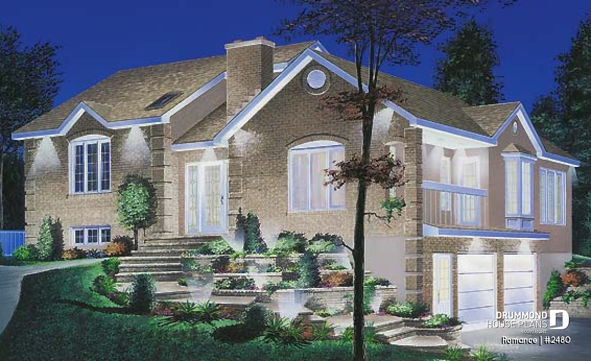 front - BASE MODEL - Ideal home for hillside / sloping lot, 2 to 4 bedrooms, 2-car side-entry garage,large fireplace in family room - Romance