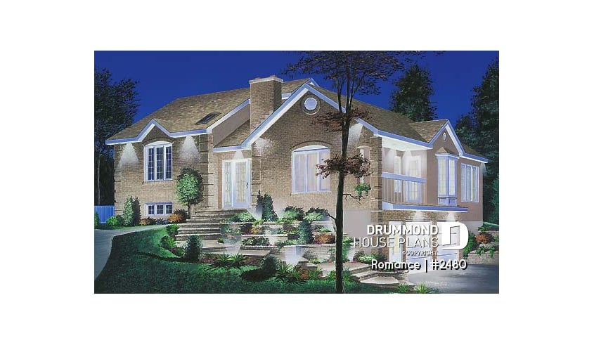 front - BASE MODEL - Ideal home for hillside / sloping lot, 2 to 4 bedrooms, 2-car side-entry garage,large fireplace in family room - Romance