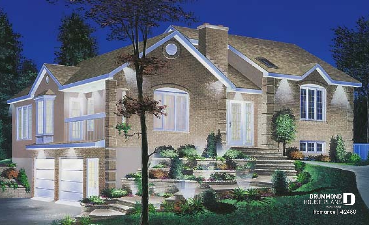 front - BASE MODEL - Ideal home for hillside / sloping lot, 2 to 4 bedrooms, 2-car side-entry garage,large fireplace in family room - Romance