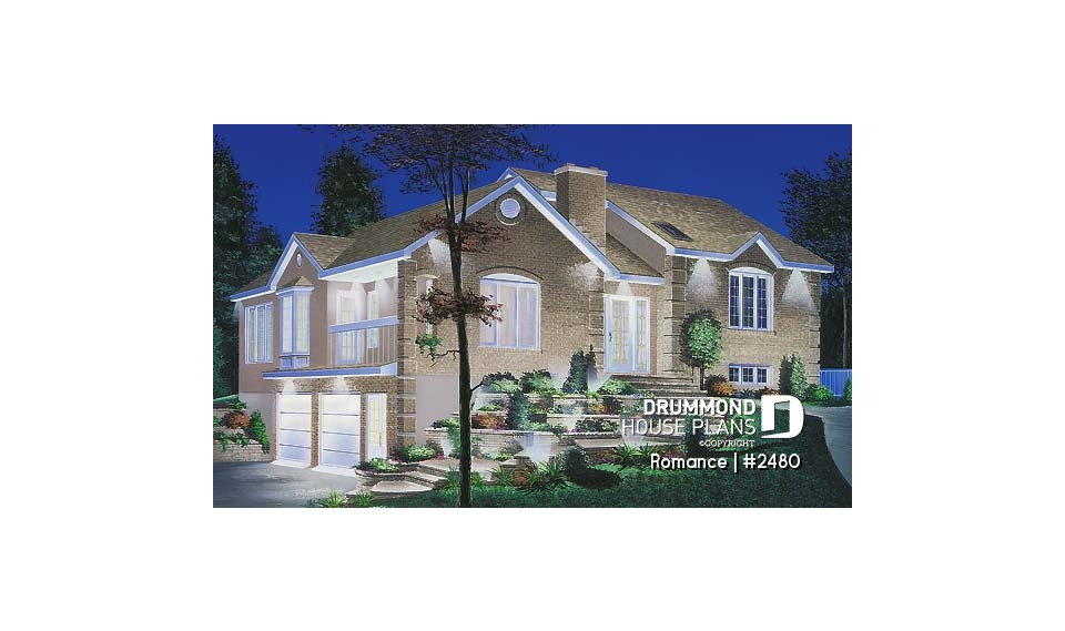 front - BASE MODEL - Ideal home for hillside / sloping lot, 2 to 4 bedrooms, 2-car side-entry garage,large fireplace in family room - Romance