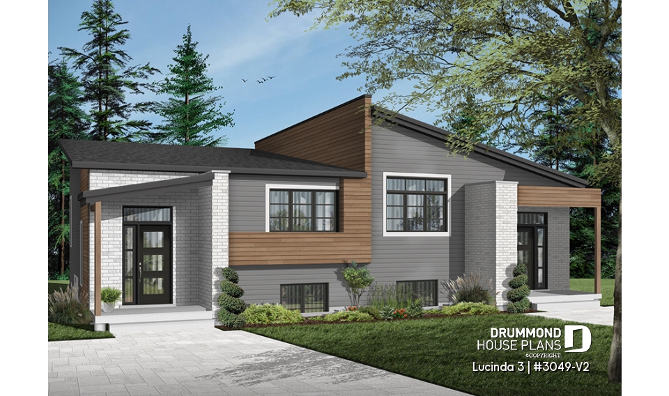 front - BASE MODEL - Very stylish modern duplex plan with 3 bedrooms, 2 baths, living room, family room and affordable construction - Lucinda 3