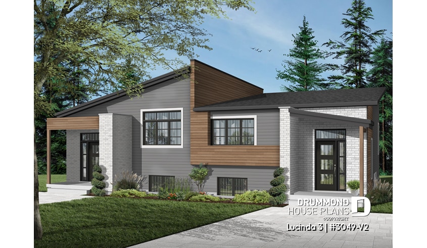 front - BASE MODEL - Very stylish modern duplex plan with 3 bedrooms, 2 baths, living room, family room and affordable construction - Lucinda 3