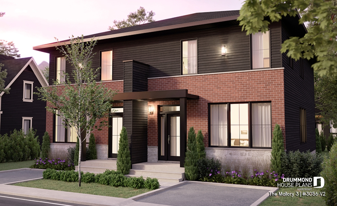 front - BASE MODEL - Contemporary semi-detached house plan, optional finished basement ($), 3 to 4+ beds + office in each unit - The Mallory 3