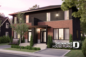 front - BASE MODEL - Contemporary semi-detached house plan, w/ finished basement, offering a total of 4 beds + office in each unit - The Mallory 3