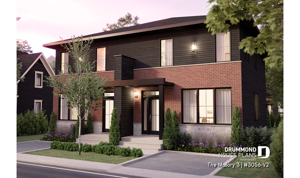front - BASE MODEL - Contemporary semi-detached house plan, optional finished basement ($), 3 to 4+ beds + office in each unit - The Mallory 3