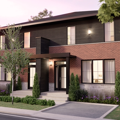 front - BASE MODEL - Contemporary semi-detached house plan, optional finished basement ($), 3 to 4+ beds + office in each unit - The Mallory 3