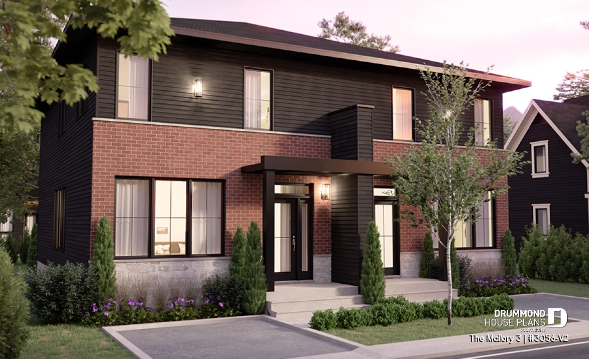 front - BASE MODEL - Contemporary semi-detached house plan, optional finished basement ($), 3 to 4+ beds + office in each unit - The Mallory 3
