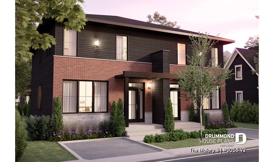 front - BASE MODEL - Contemporary semi-detached house plan, optional finished basement ($), 3 to 4+ beds + office in each unit - The Mallory 3