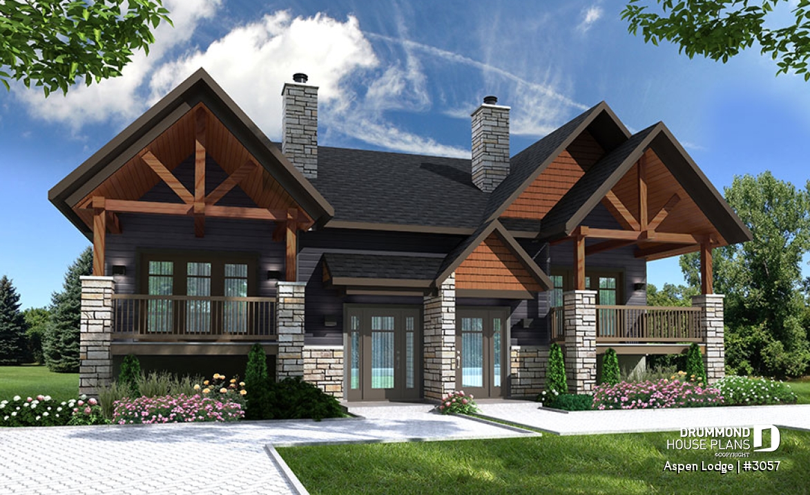 front - BASE MODEL - Split entry duplex house plan, great main floor open concept, pantry, kitchen island, 3 beds, 1.5 baths - Aspen Lodge