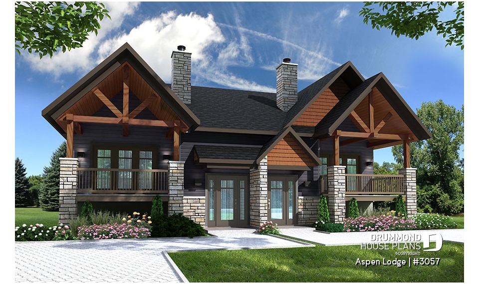 front - BASE MODEL - Split entry duplex house plan, great main floor open concept, pantry, kitchen island, 3 beds, 1.5 baths - Aspen Lodge