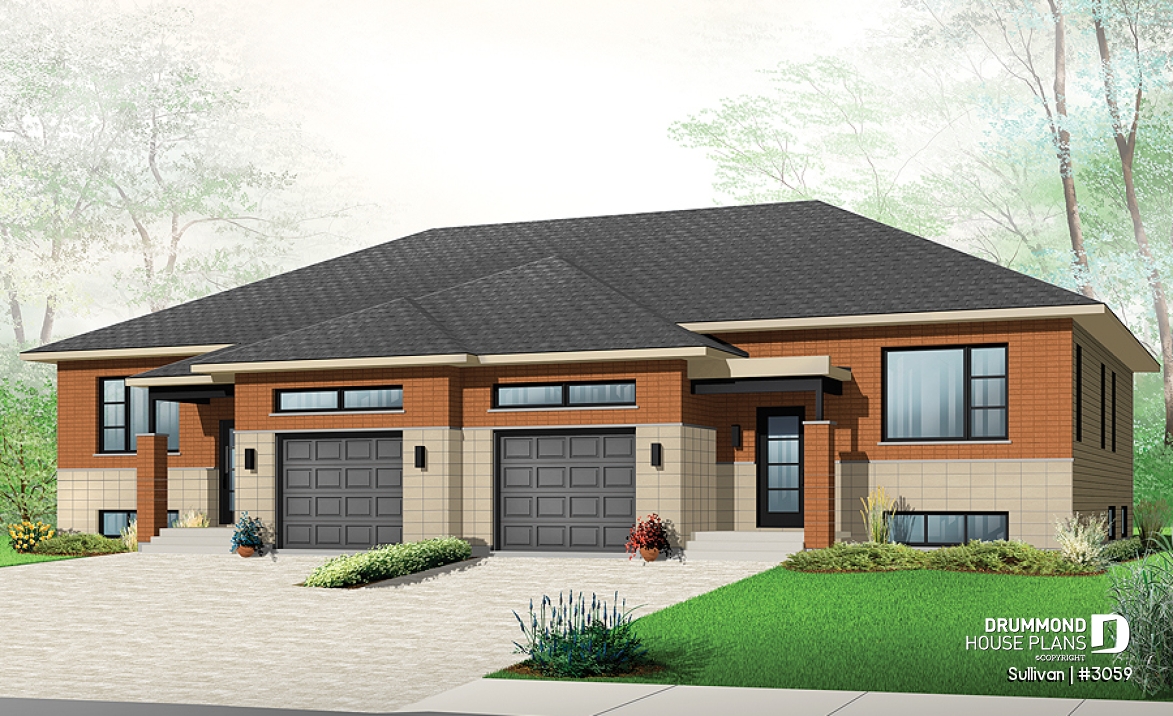 front - BASE MODEL - Modern duplex house plan with garage,up to 3 bedrooms per unit, large shower, great kitchen island - Sullivan