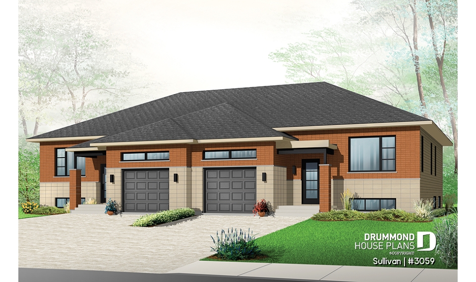 front - BASE MODEL - Modern duplex house plan with garage,up to 3 bedrooms per unit, large shower, great kitchen island - Sullivan