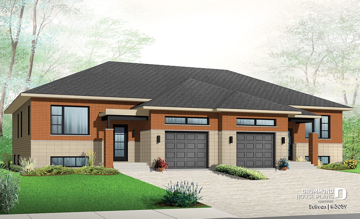 front - BASE MODEL - Modern duplex house plan with garage,up to 3 bedrooms per unit, large shower, great kitchen island - Sullivan