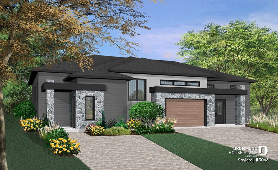 Color version 2 - Front - Modern duplex house plan with 2 to 4 bedrooms per unit, 2 living rooms, 2 bathrooms, laundry room and more! - Sanford