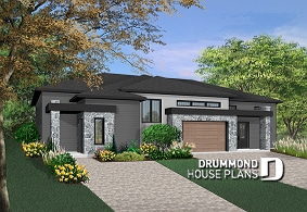 Color version 2 - Front - Modern duplex house plan with 2 to 4 bedrooms per unit, 2 living rooms, 2 bathrooms, laundry room and more! - Sanford