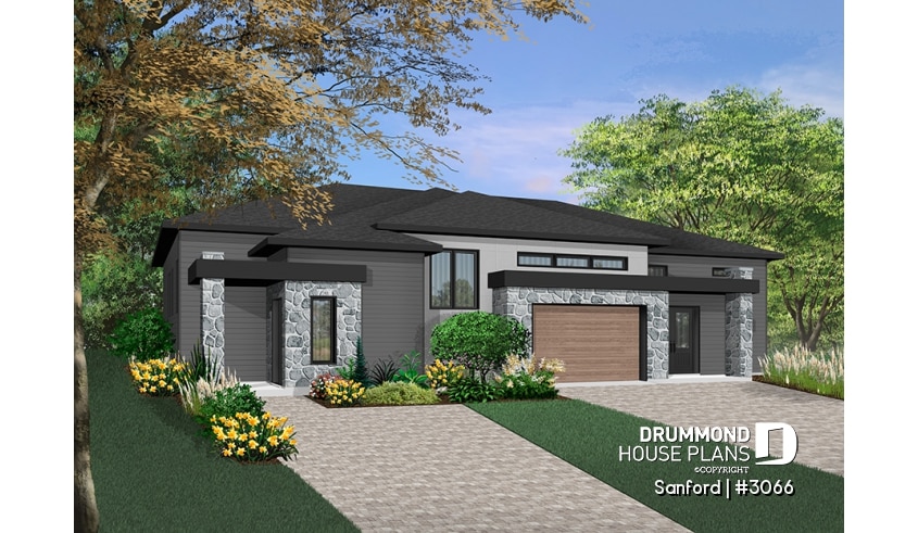 Color version 2 - Front - Modern duplex house plan with 2 to 4 bedrooms per unit, 2 living rooms, 2 bathrooms, laundry room and more! - Sanford
