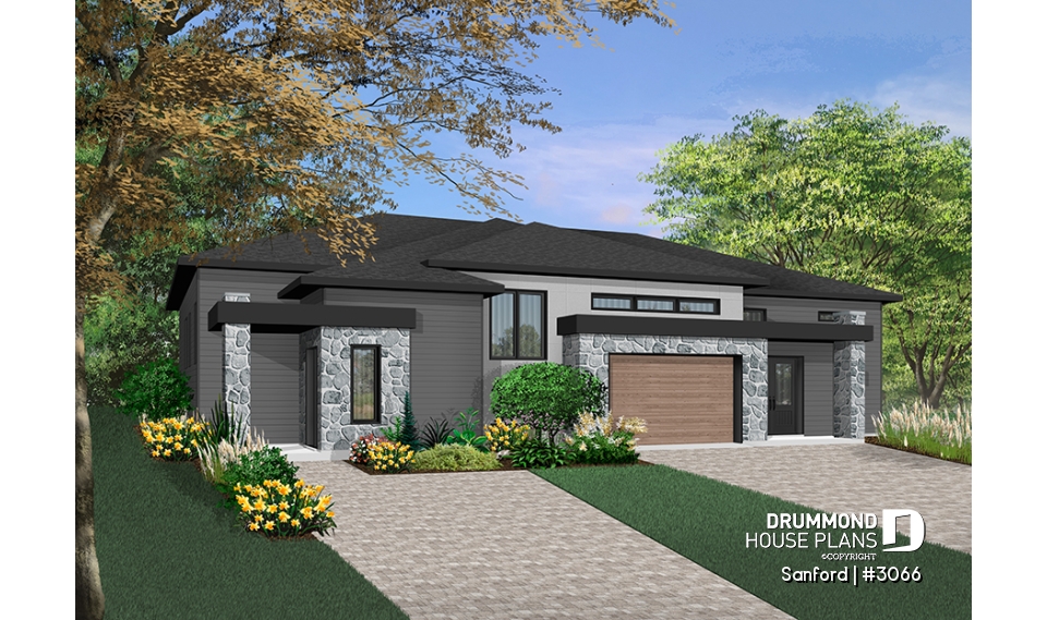 Color version 2 - Front - Modern duplex house plan with 2 to 4 bedrooms per unit, 2 living rooms, 2 bathrooms, laundry room and more! - Sanford