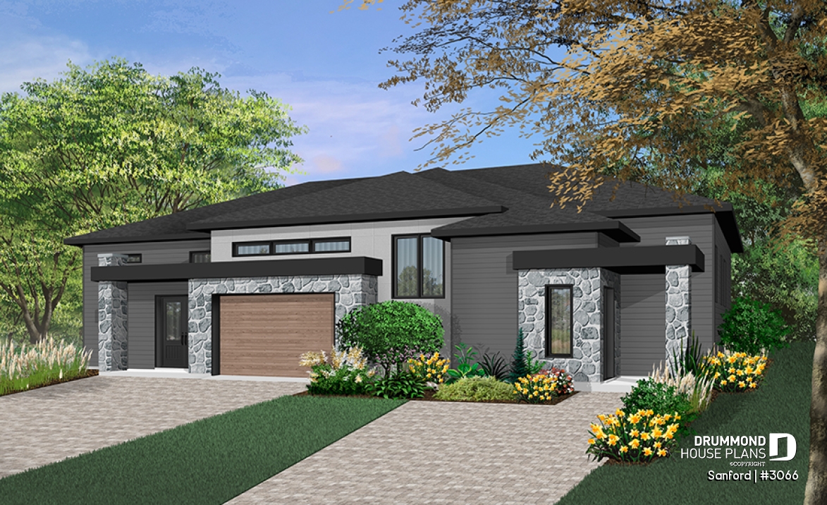 Color version 2 - Front - Modern duplex house plan with 2 to 4 bedrooms per unit, 2 living rooms, 2 bathrooms, laundry room and more! - Sanford