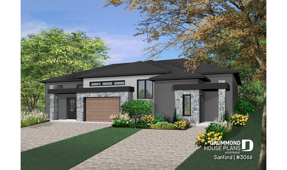 Color version 2 - Front - Modern duplex house plan with 2 to 4 bedrooms per unit, 2 living rooms, 2 bathrooms, laundry room and more! - Sanford