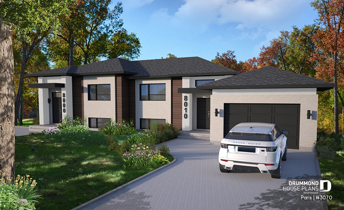 front - BASE MODEL - Modern duplex plan, 1 to 3 beds, 2 bathrooms per unit, optional finished basement ($), garage on left side - Paris