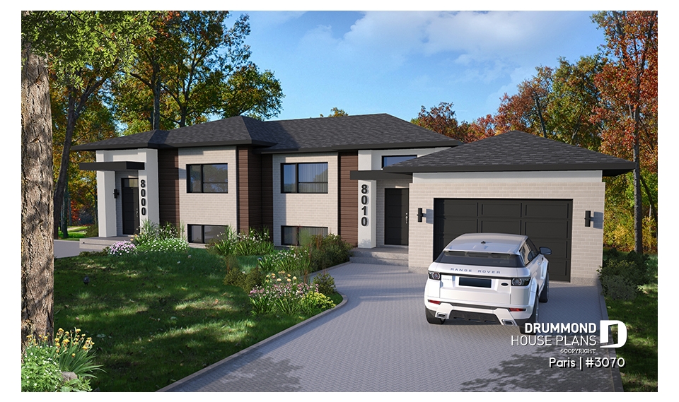 front - BASE MODEL - Modern duplex plan, 1 to 3 beds, 2 bathrooms per unit, optional finished basement ($), garage on left side - Paris