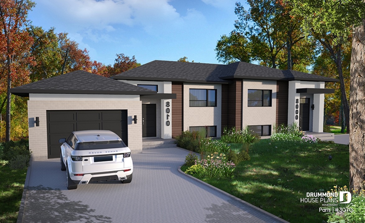 front - BASE MODEL - Modern duplex plan, 1 to 3 beds, 2 bathrooms per unit, optional finished basement ($), garage on left side - Paris