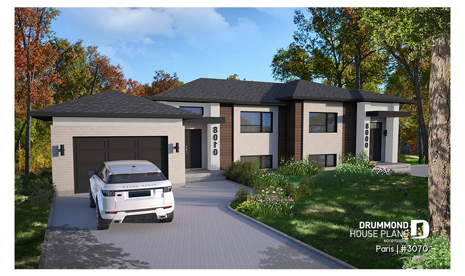 front - BASE MODEL - Modern duplex plan, 1 to 3 beds, 2 bathrooms per unit, optional finished basement ($), garage on left side - Paris