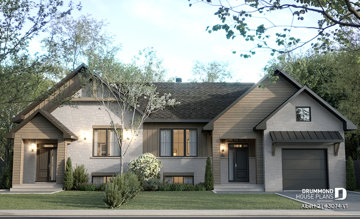 Color version 1 - Front - Semi-detached model with garage on one side, 3 bedrooms and 2 bathrooms per unit, open concept - Albert 2