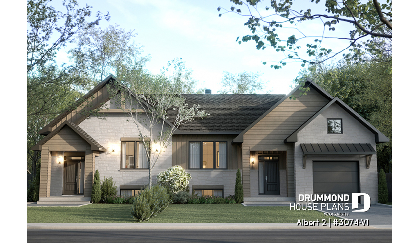 Color version 1 - Front - Semi-detached model with garage on one side, 3 bedrooms and 2 bathrooms per unit, open concept - Albert 2