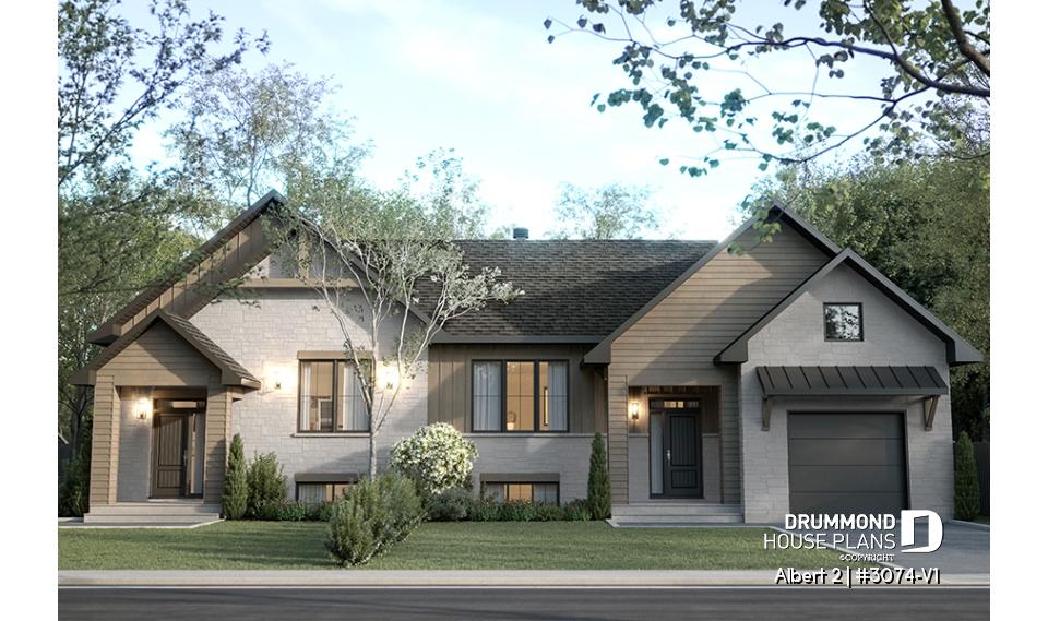 Color version 1 - Front - Semi-detached model with garage on one side, 3 bedrooms and 2 bathrooms per unit, open concept - Albert 2