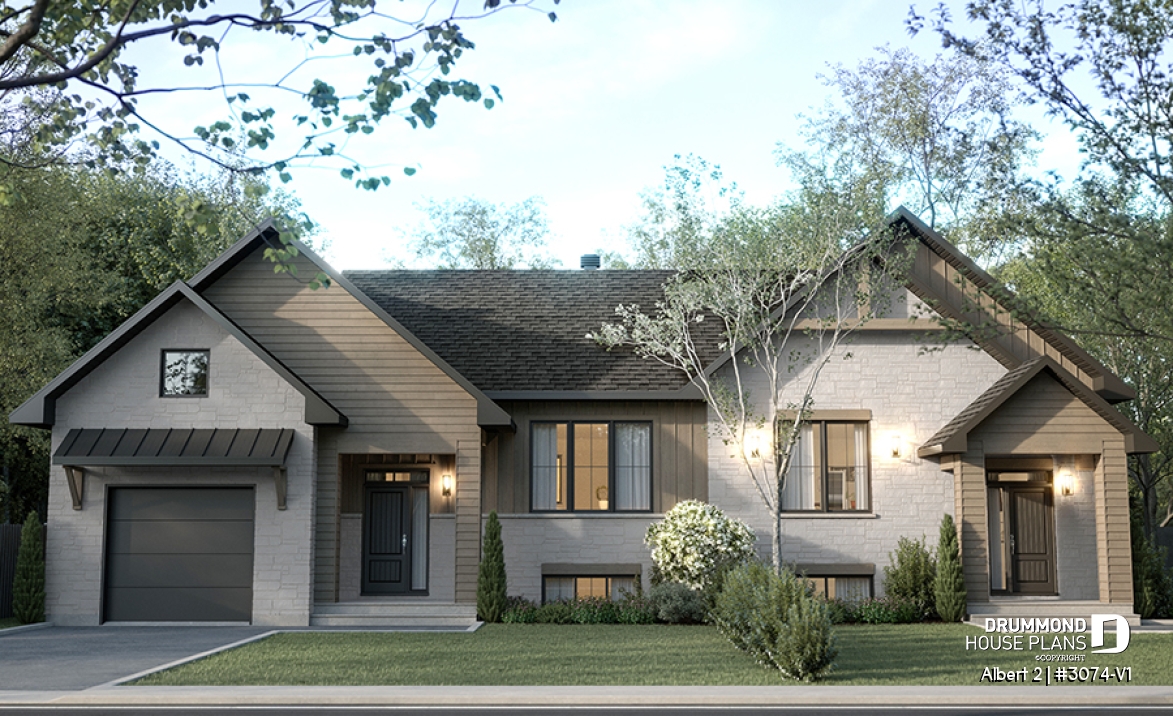 Color version 1 - Front - Semi-detached model with garage on one side, 3 bedrooms and 2 bathrooms per unit, open concept - Albert 2